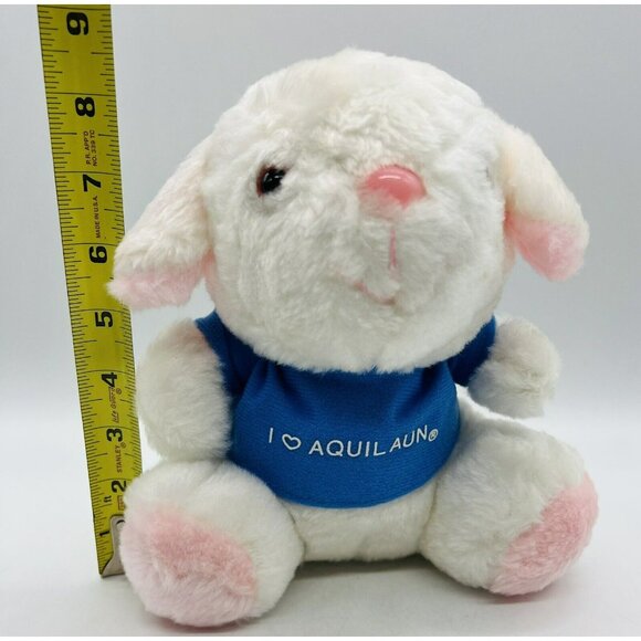 Aquilaun White Lamb Plush Pink Eyes Blue Shirt Advertising Promo 1982 Bunny - Picture 9 of 9